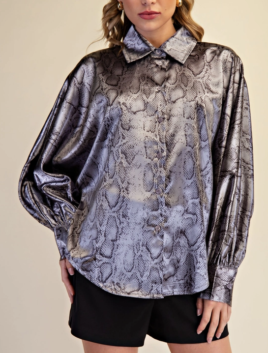 Snake Print Silky Voluminous Sleeve Buttondown Blouse