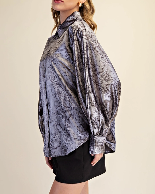 Snake Print Silky Voluminous Sleeve Buttondown Blouse