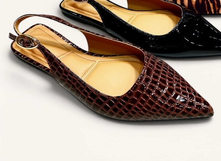 Pointed Toe Adjustable Slingback Flat in Brown Crocodile