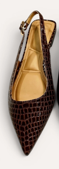 Pointed Toe Adjustable Slingback Flat in Brown Crocodile