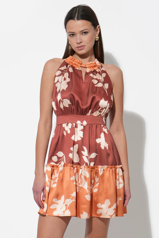 Adelyn Rae Traci Two-Toned Halter Dress in Marigold Brown