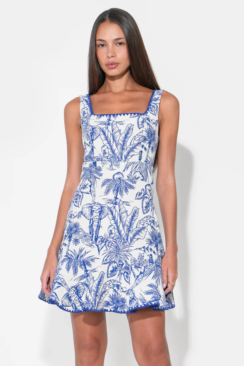 Adelyn Rae Ximena Square Neck Jacquard Mini Dress in Blue/White
