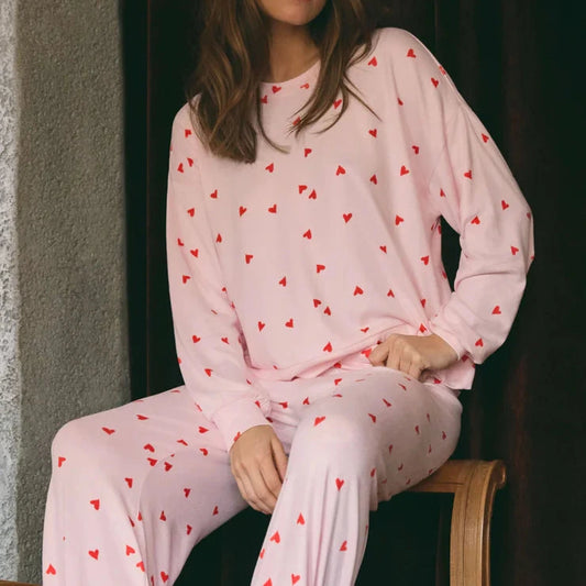 Z Supply Mira Heart Long Sleeve Sleep Top in Pink Marshmellow