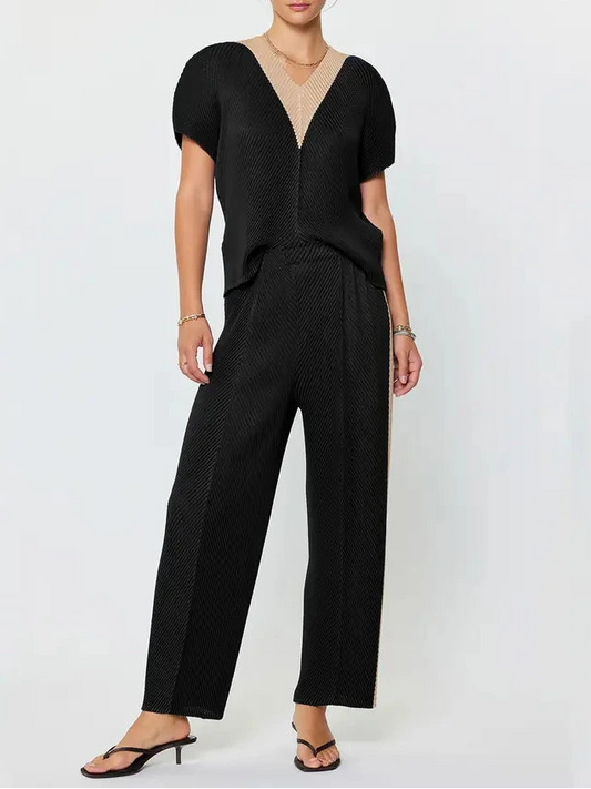 V Neck Dolman Sleeve Pleated Top in Black