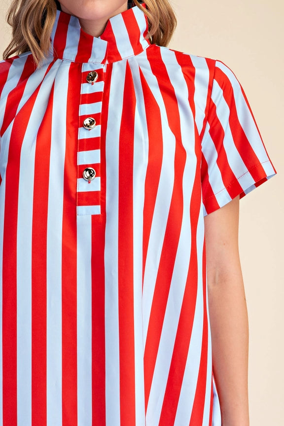 Striped Midi Dress in Red and Powder Blue