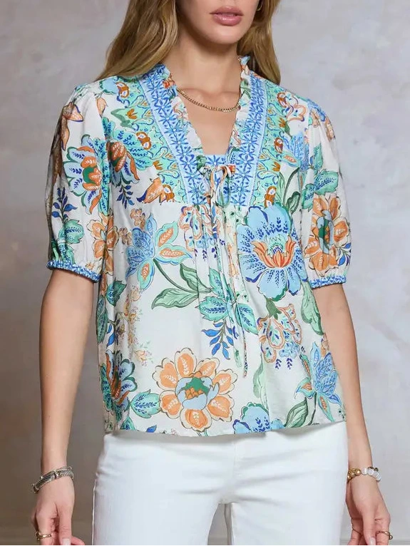 Tie Front Blouse in Blue Multi Print