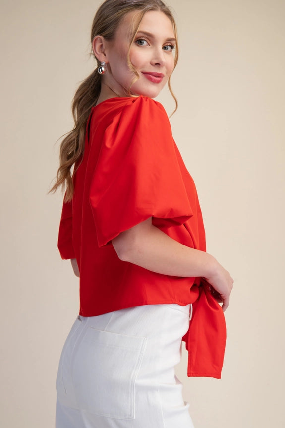 V-Neck Tie Front Top in Red