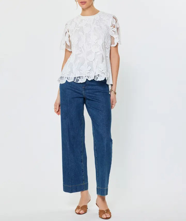 Floral Lace Overlay with Pleated Back in White