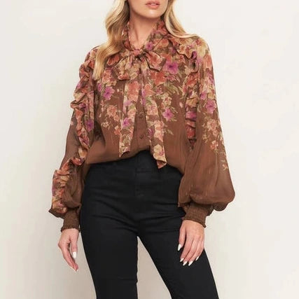 Tie Front Floral Blouse in Coco