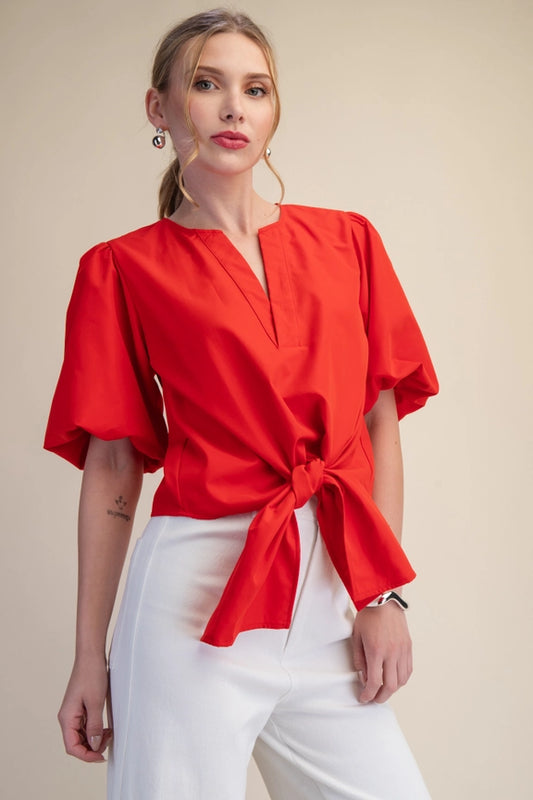 V-Neck Tie Front Top in Red