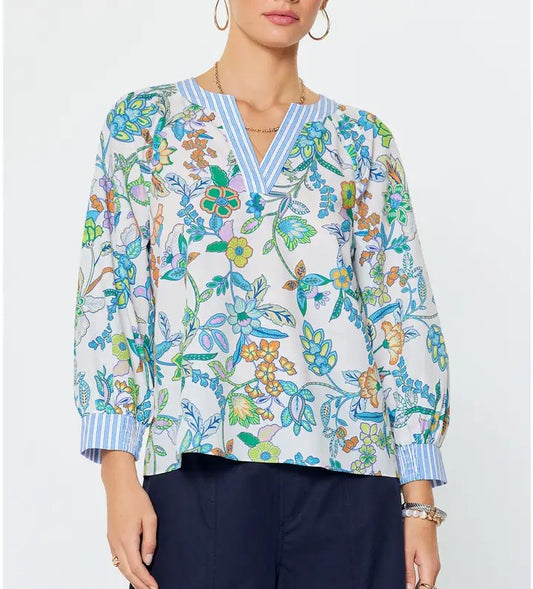 Floral Paisley Printed Long Sleeve Blouse in Blue Multicolor