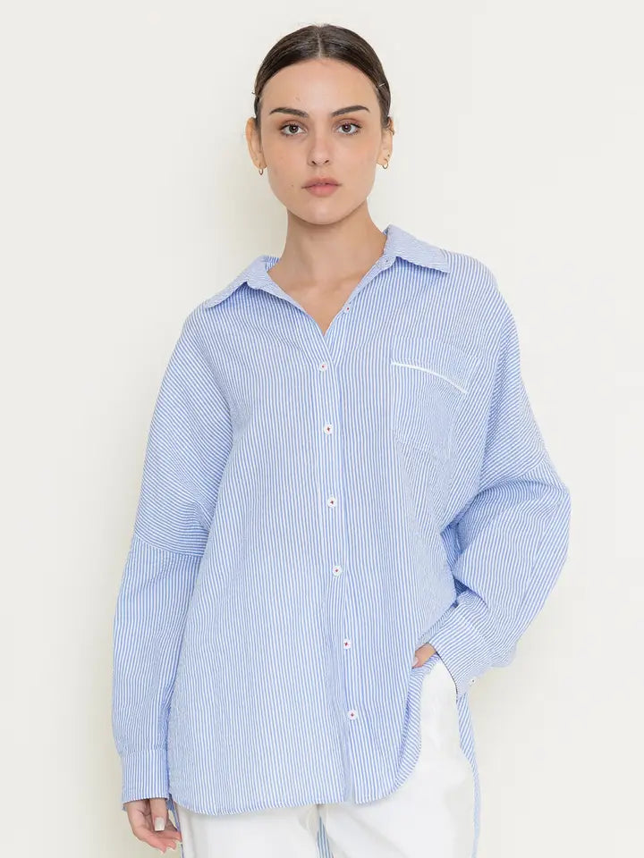 Seersucker Buttondown in Blue+White