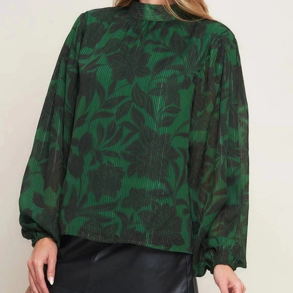 High Neck Tie Back Blouse in Holiday Green
