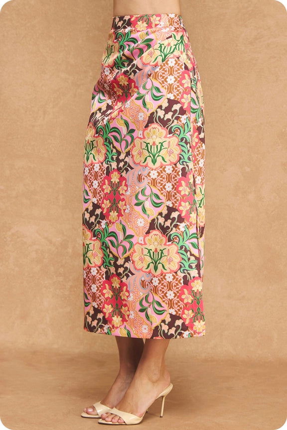 Satin Midi Skirt in Garden Party