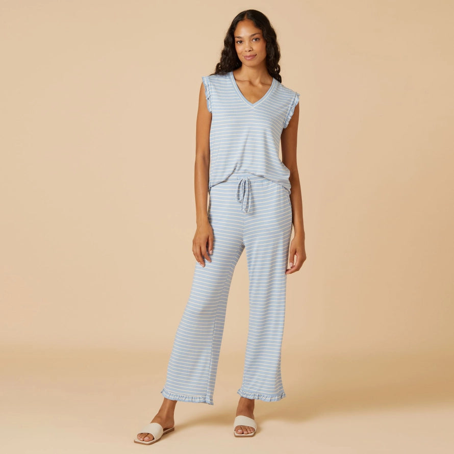 Softies Dream Ruffle V-Neck Cropped Pant in Sky Blue Stripe