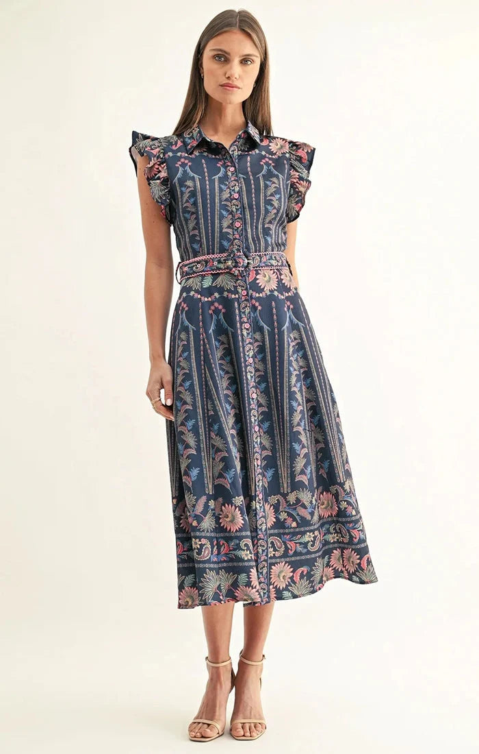 Adelyn Rae Karly Ruffled Midi Dress in Navy