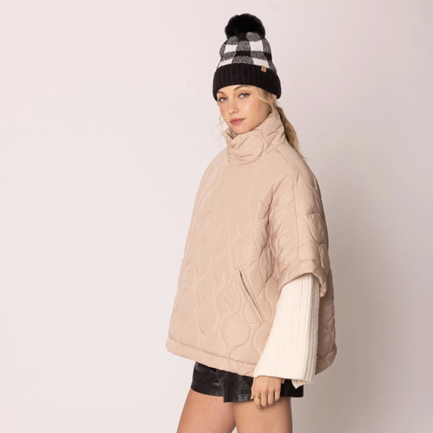 Oversized Quilted Half Zip Poncho in Beige