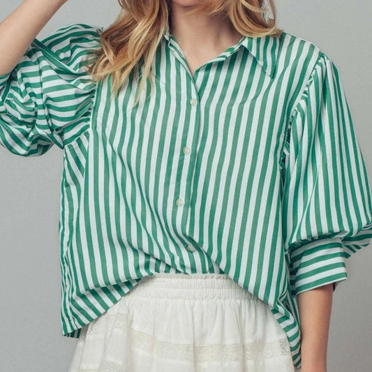 Puff Sleeve Striped Buttondown in Green