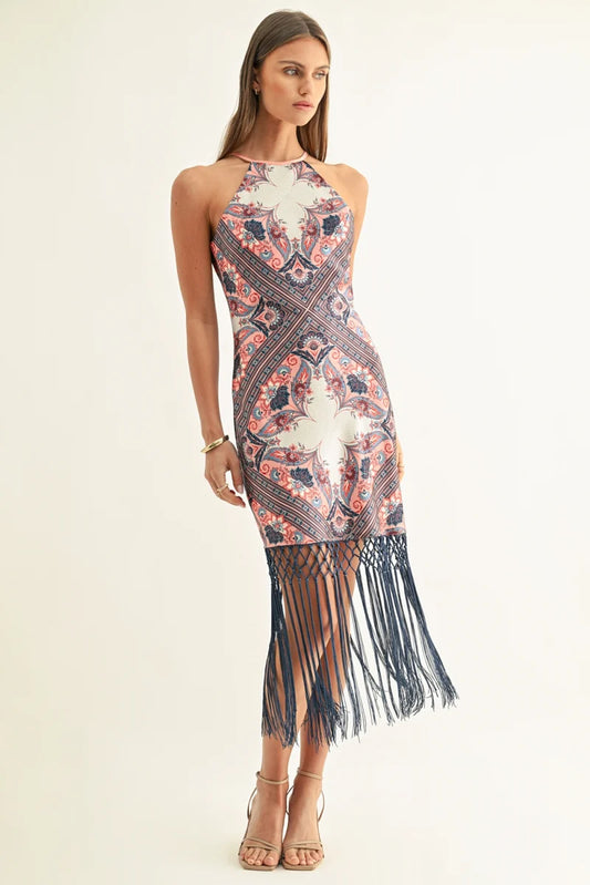 Adelyn Rae Morgan Bias Midi Fringe Dress in Coral Multi