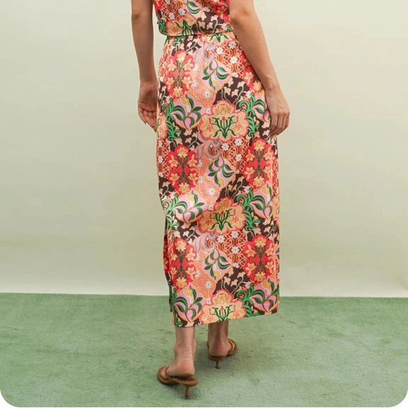 Satin Midi Skirt in Garden Party