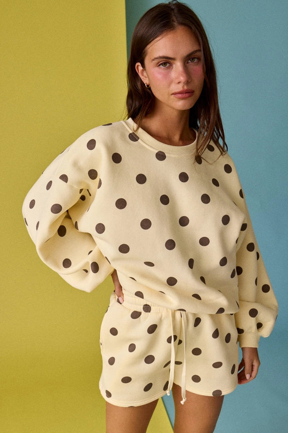Sweatshirt/Short Set in Cream/Chocolate Polka Dot