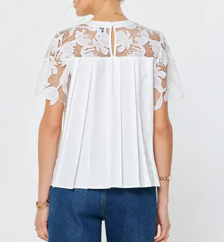 Floral Lace Overlay with Pleated Back in White