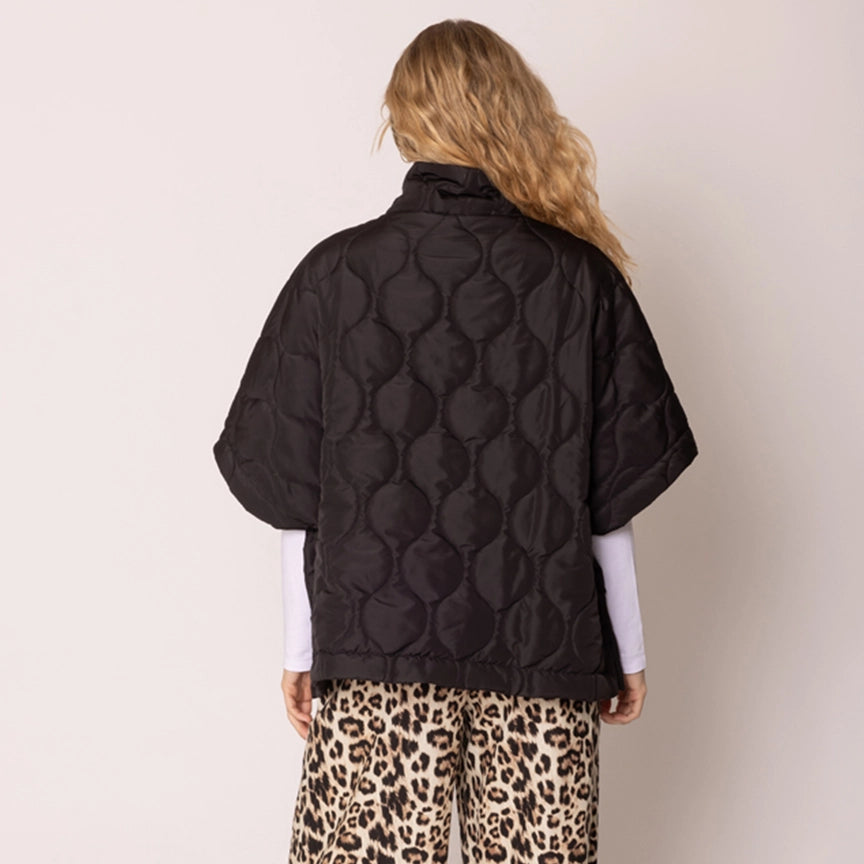 Oversized Quilted Half Zip Poncho In Black