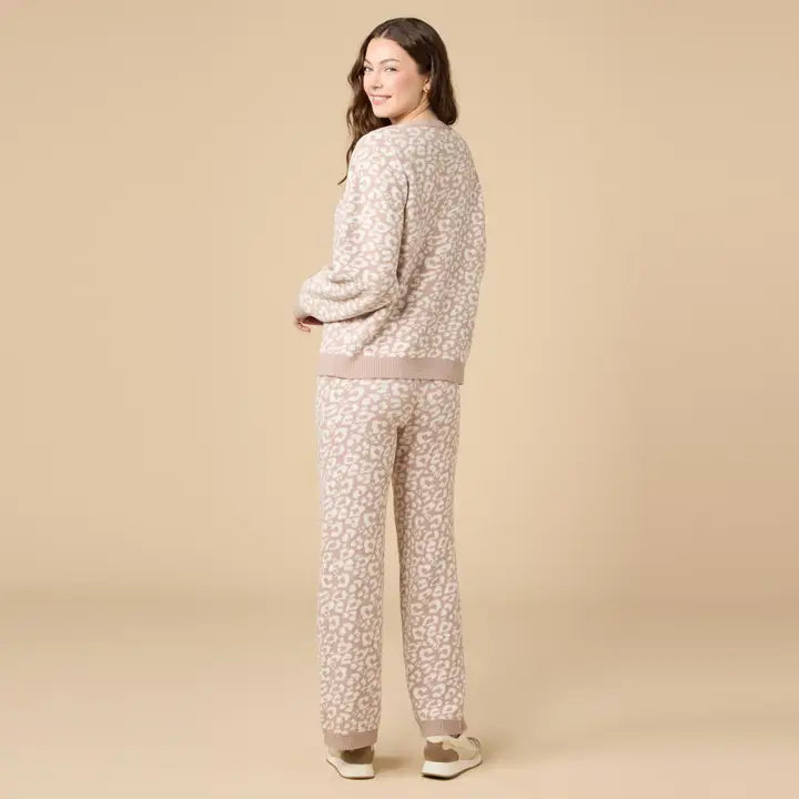 Softies Plush Leopard Print Crew Neck Lounge Set in Almond