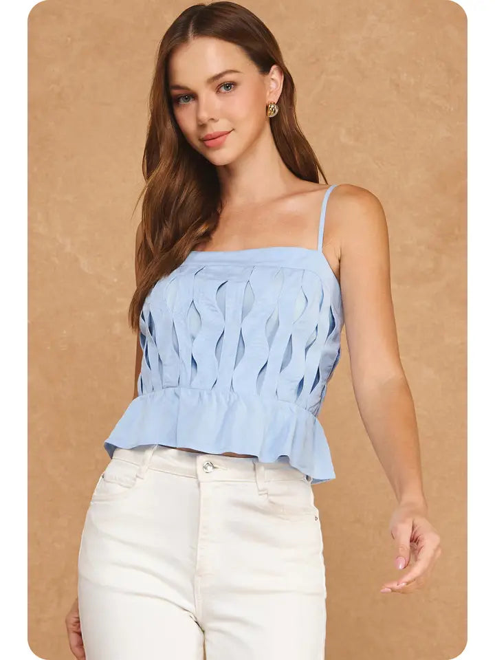 Wavy Detailed Slight Peplum Cami in Powder Blue