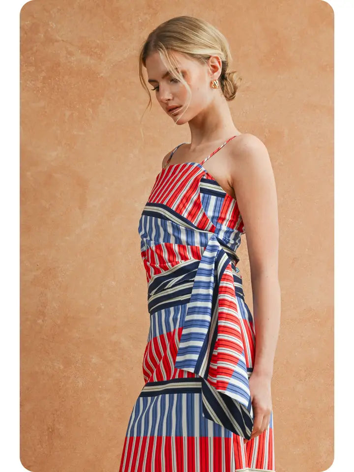 Colorblock Mixed Stripe Tie-Side Cami Top in Red/Blue