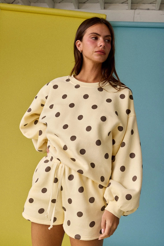 Sweatshirt/Short Set in Cream/Chocolate Polka Dot