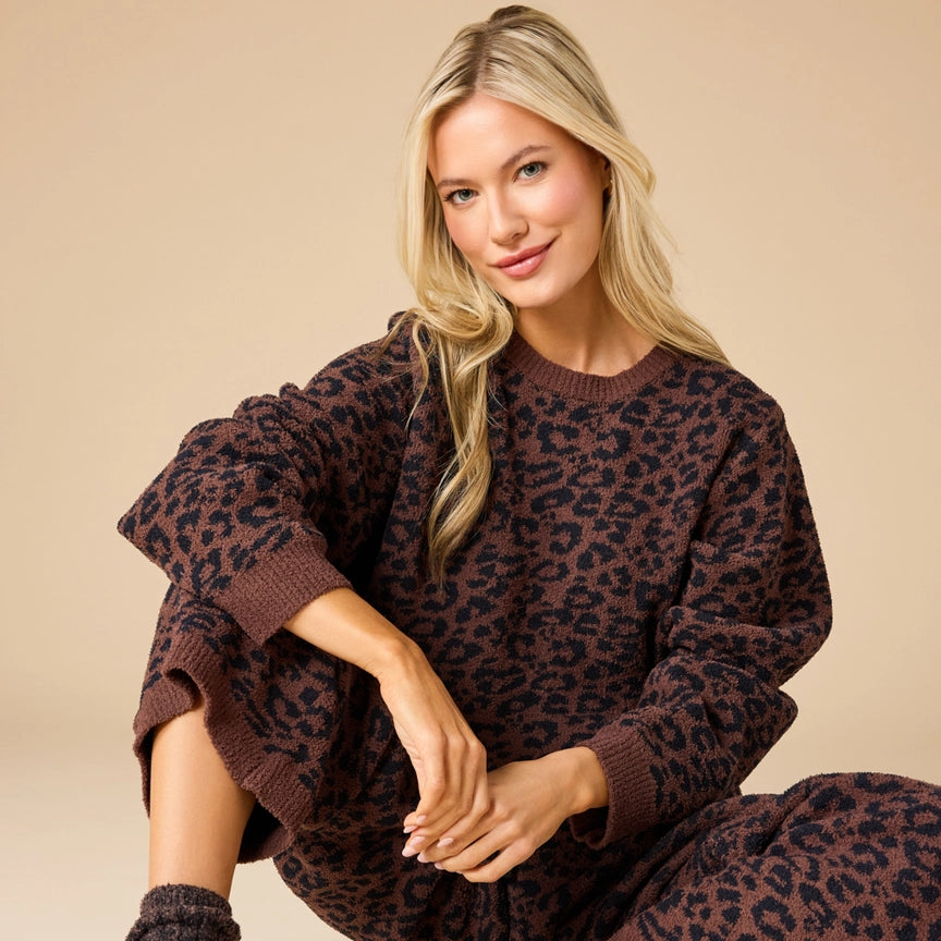 Softies Plush Leopard Print Crew Neck Lounge Set in Espresso