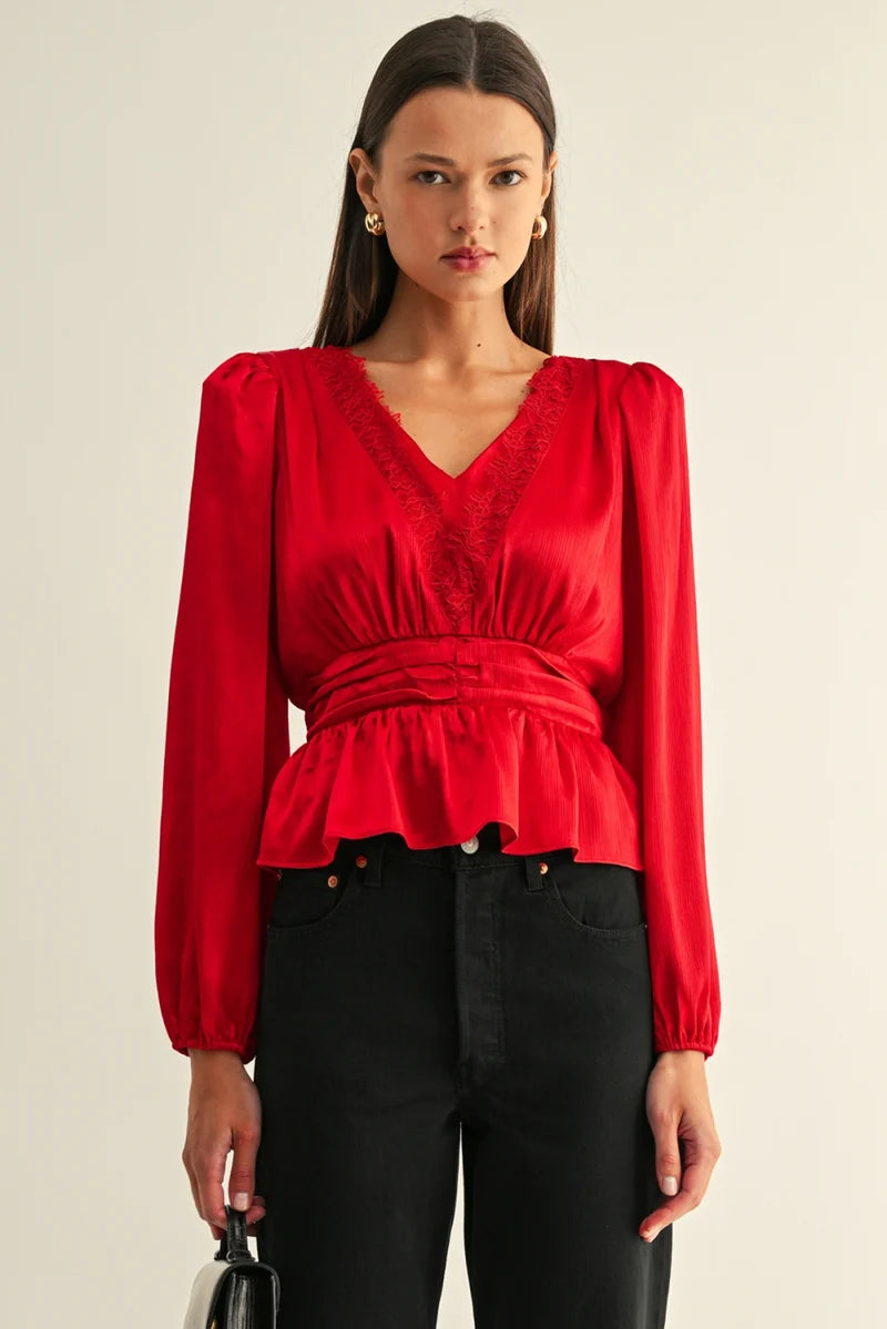 Adelyn Rae Jordyn Lace Inserted Long Sleeves Peplum Top in Red