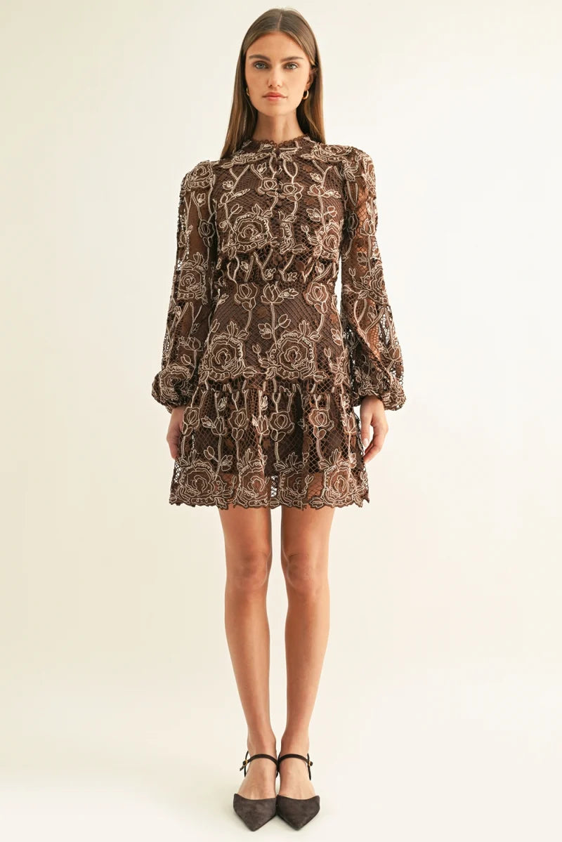 Adelyn Rae Makai LS Lace Mini Dress in Chocolate