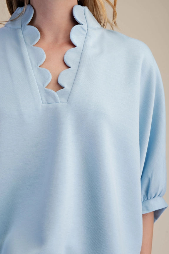 Scalloped Oversized Top with Matching Short Set in Blue