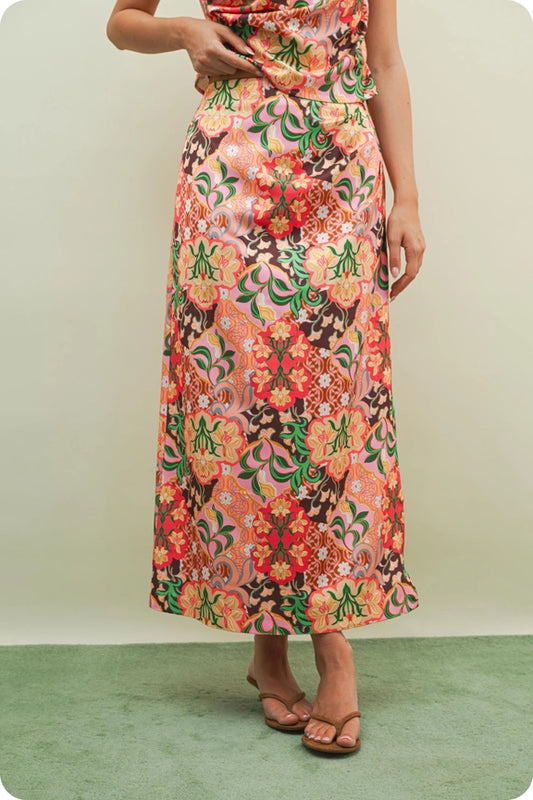 Satin Midi Skirt in Garden Party