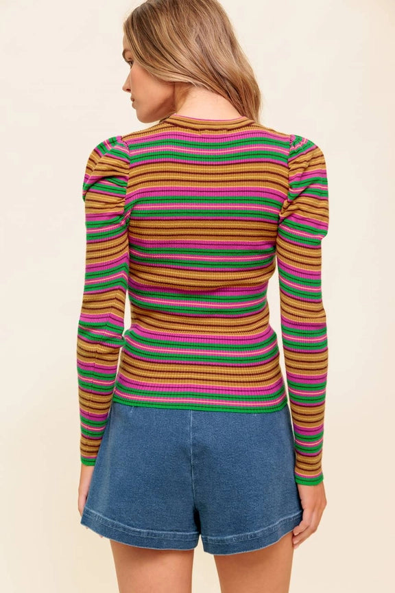 Long Sleeve Striped Sweater in Pink/Green