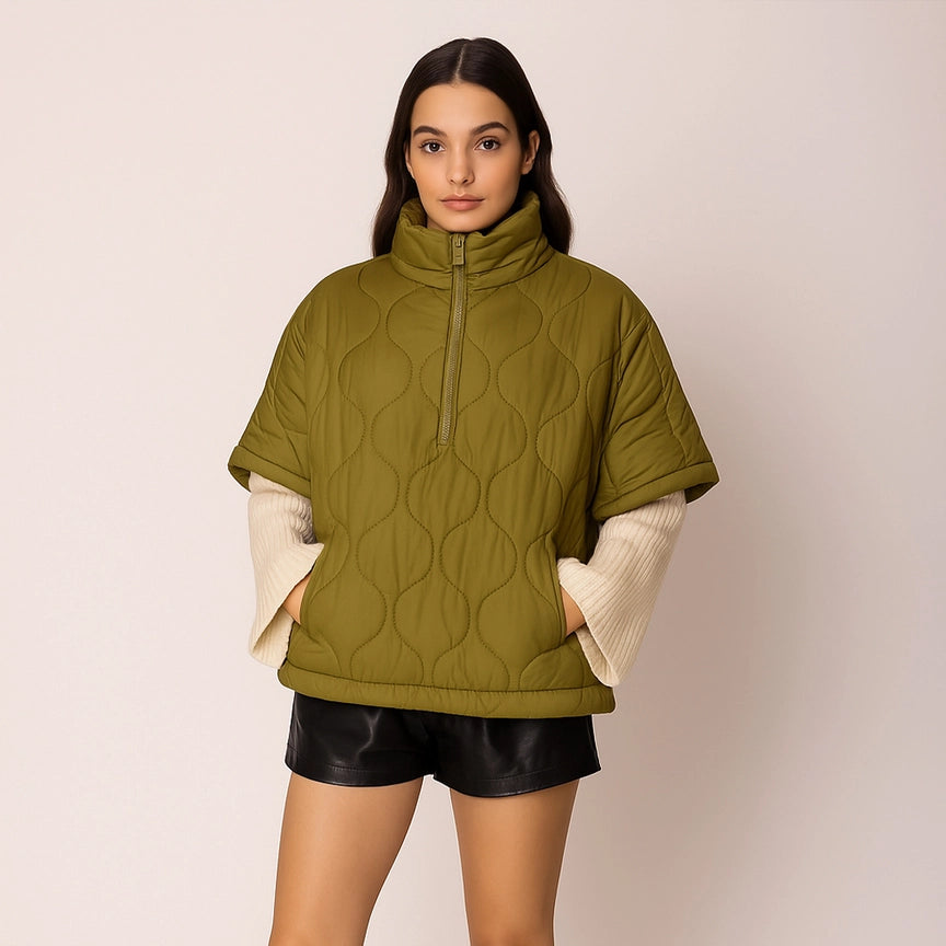 Oversized Quilted Half Zip Poncho in Chartreuse