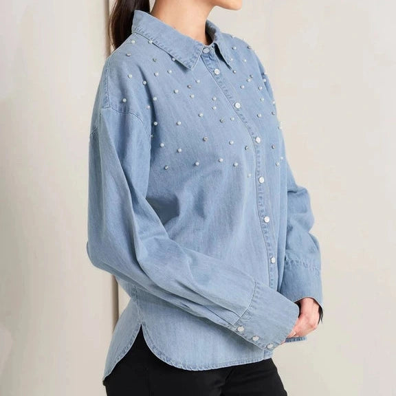 Washed Chambray Pearl Embellished Buttondown in Light Blue