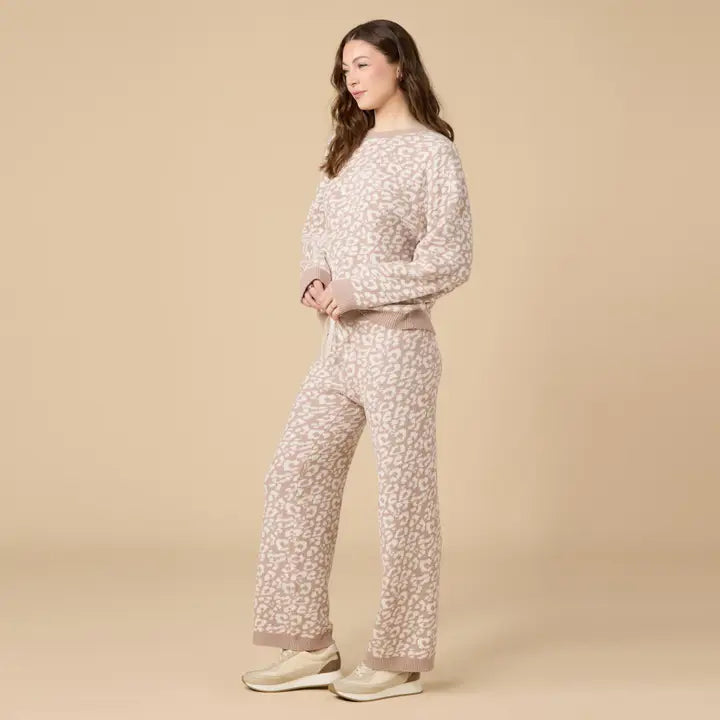 Softies Plush Leopard Print Crew Neck Lounge Set in Almond