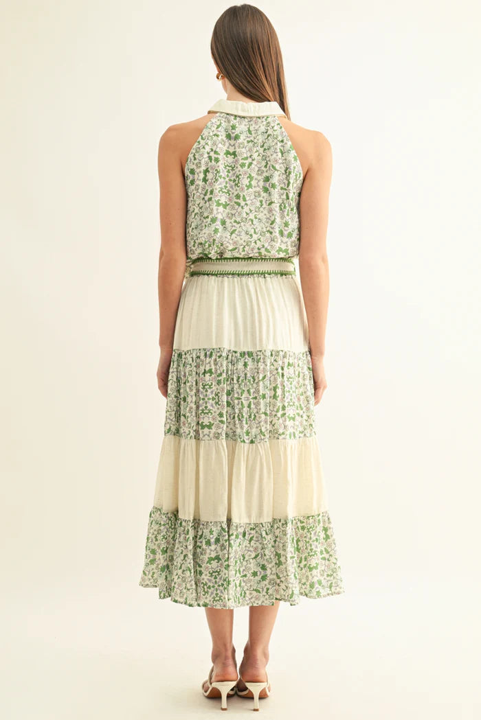 Adelyn Rae Blair Mixed Media Flared Midi Skirt in Green Multi