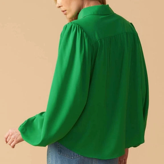 Balloon Sleeve Buttondown Blouse in Green