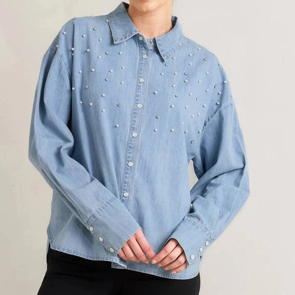 Washed Chambray Pearl Embellished Buttondown in Light Blue
