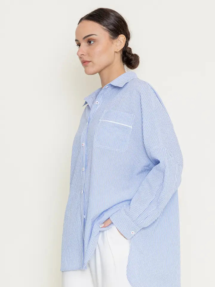 Seersucker Buttondown in Blue+White