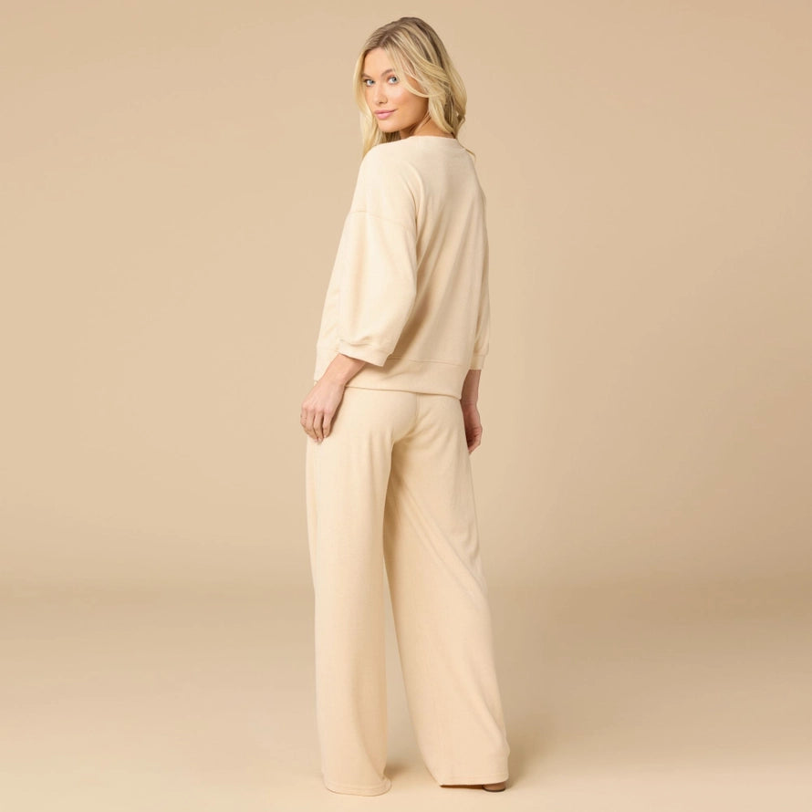 Softies Terry Cropped Sleeve Crew Neck Wide Leg Pant Set