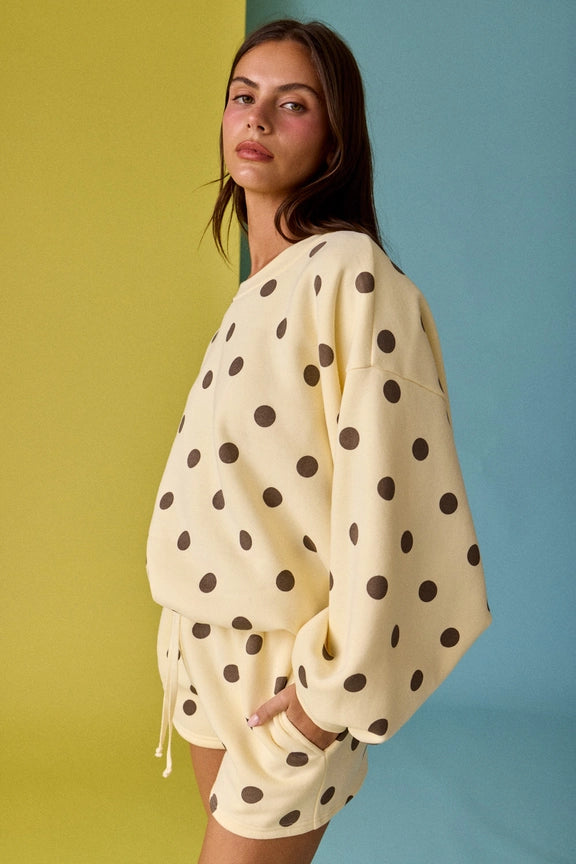 Sweatshirt/Short Set in Cream/Chocolate Polka Dot