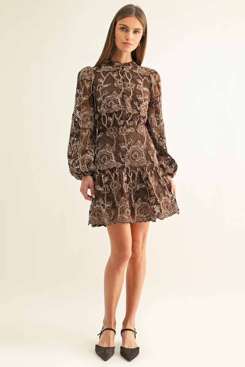 Adelyn Rae Makai LS Lace Mini Dress in Chocolate