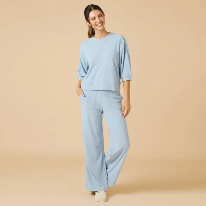 Softies Terry Cropped Sleeve Crew Neck Wide Leg Pant Set