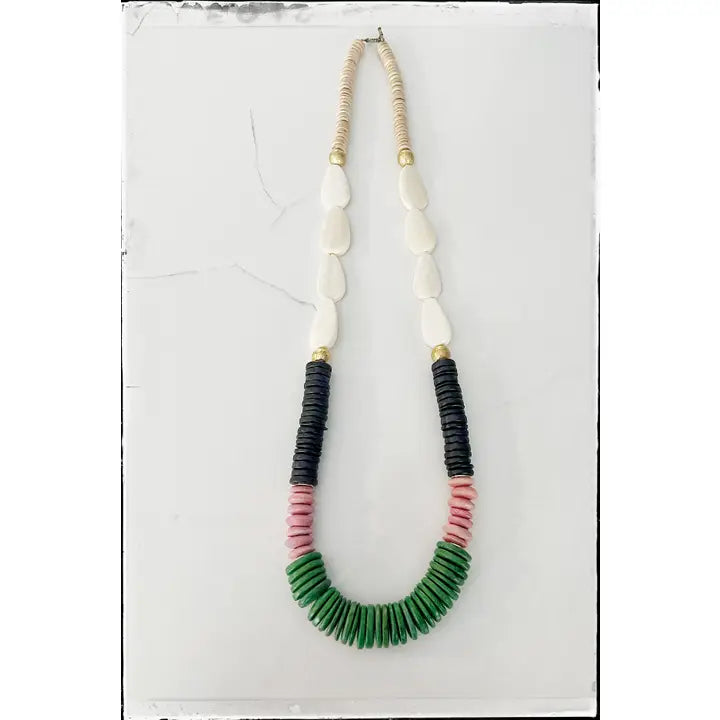 Bone & Coconut Wood Beaded Necklace in Green/Pink