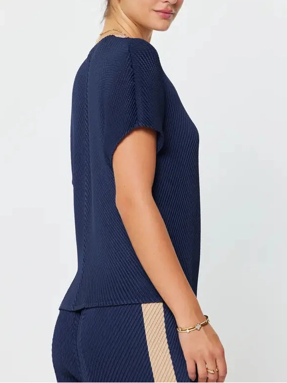 V Neck Dolman Sleeve Pleated Top in Navy